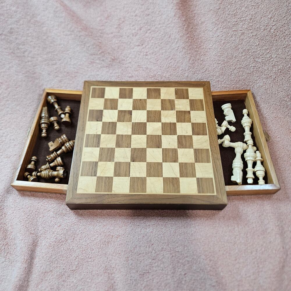 Wooden Magnetic Chess Set with Built-In Storage Drawers and Pieces
